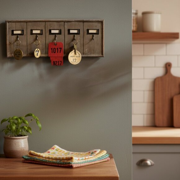 Ship-Multi Key Holder Wood Wall Rack 5 Hooks Vintage Style Office Motel Hotel - Picture 9 of 13